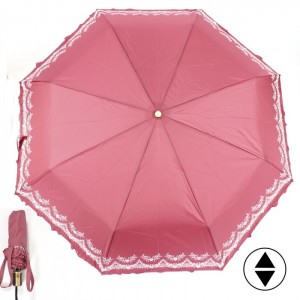 Зонт женский ТриСлона-118/L 3818G,  R=58см,  суперавтомат  8 спиц,  3 сложения,  однотонный с оборкой  (цветы),  розовый