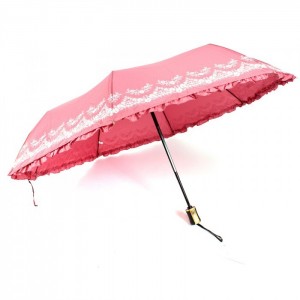 Зонт женский ТриСлона-118/L 3818G,  R=58см,  суперавтомат  8 спиц,  3 сложения,  однотонный с оборкой  (цветы),  розовый