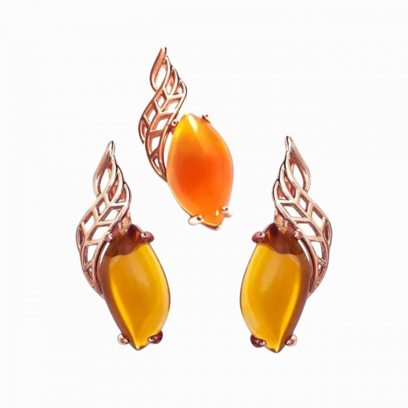 Комплект Янтарная искра серьги и кулон "Дубайское золото" с искусственным янтарем