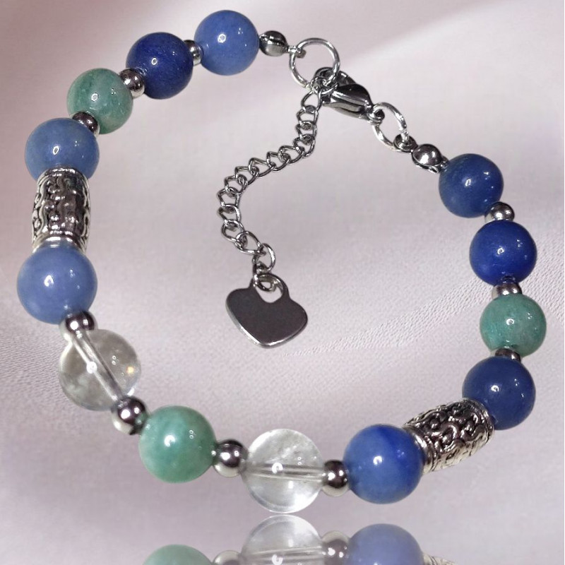 Браслет Лагуна из натуральных камней авантюрин, амазонит и горный хрусталь, длина 19+5см