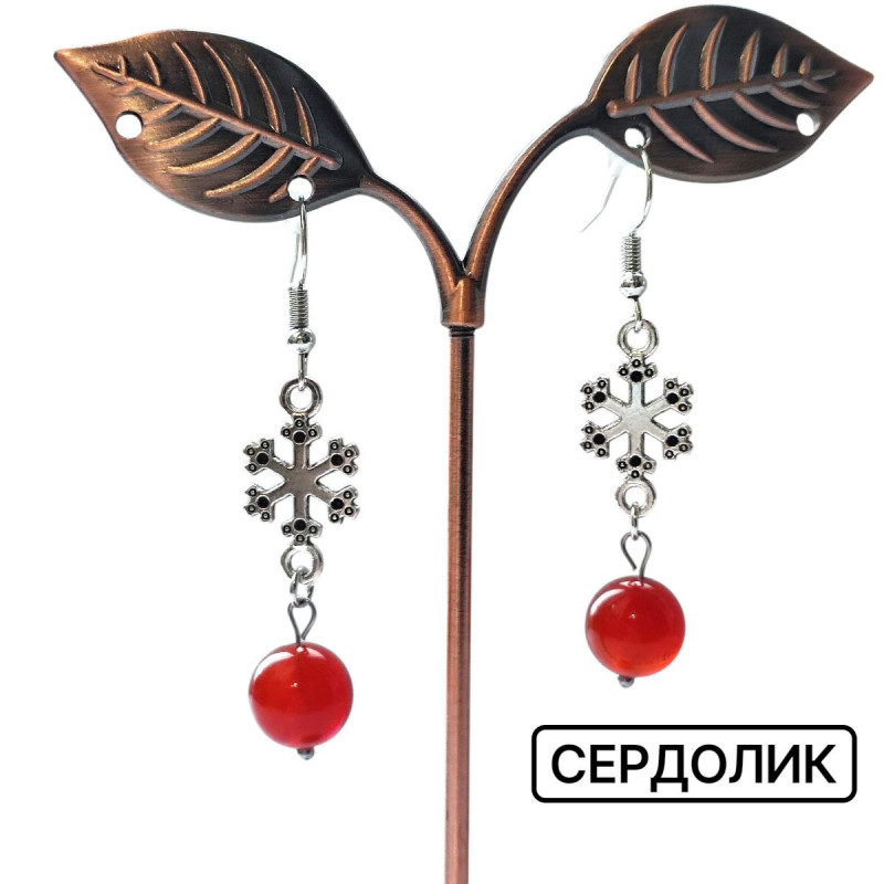 Серьги Мороз и солнце из натурального камня сердолика с подвеской снежинка